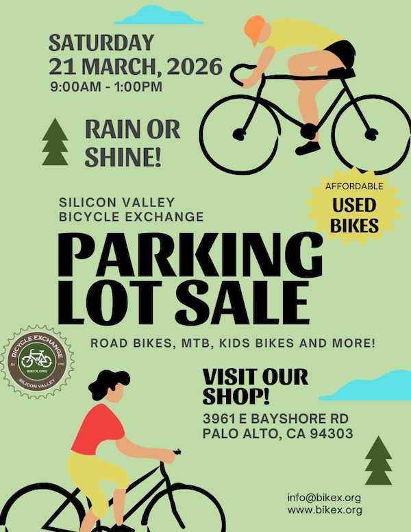 Flyer for Silicon Valley Bicycle Exchange spring parking lot sale March 21, 2026