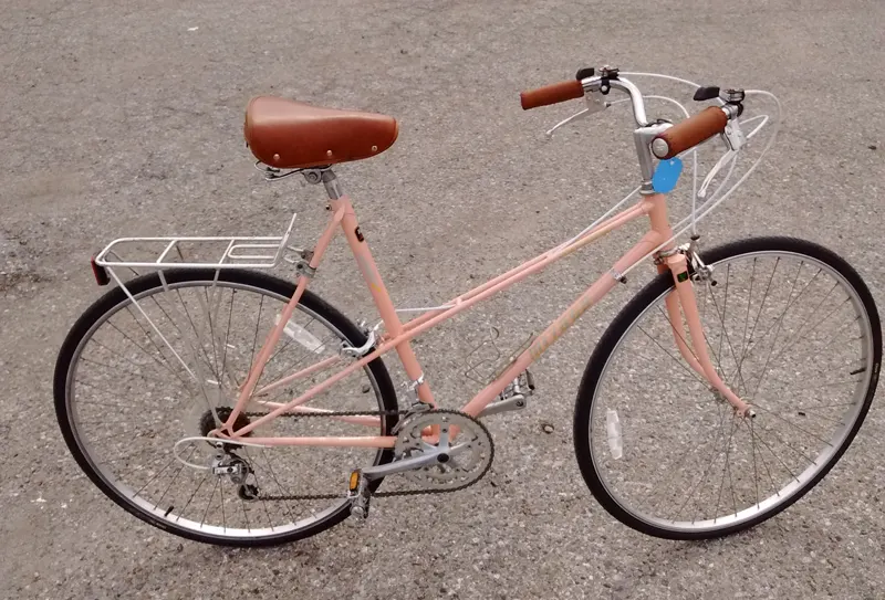 Miyata Mixte 100 bike refurbished, full view, tan paint, matching brown handlebar grips and seat