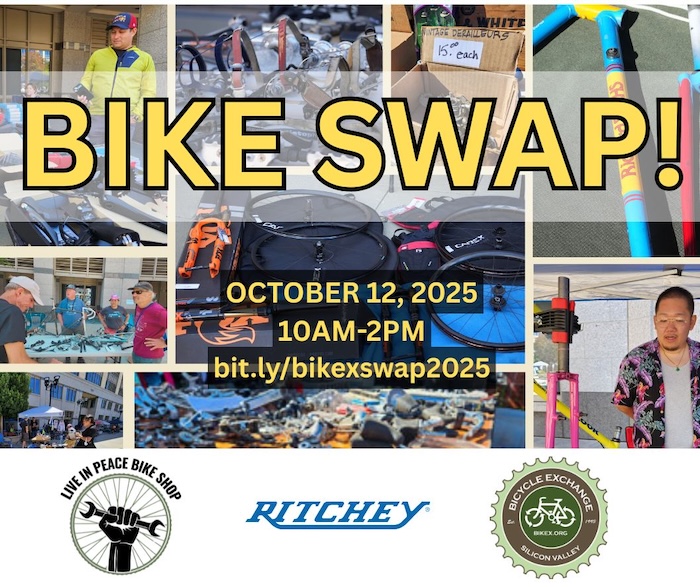 Flyer of collaged photos from past swaps at SVBE with Bike Swap details and a bit.ly link to sign up as a vendor